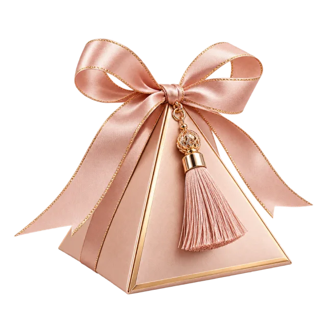 Rose-gold-colored pyramid box with a pink bow and tassel