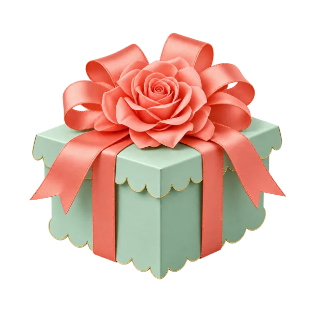 Mint scalloped box topped with a coral rose and ribbons