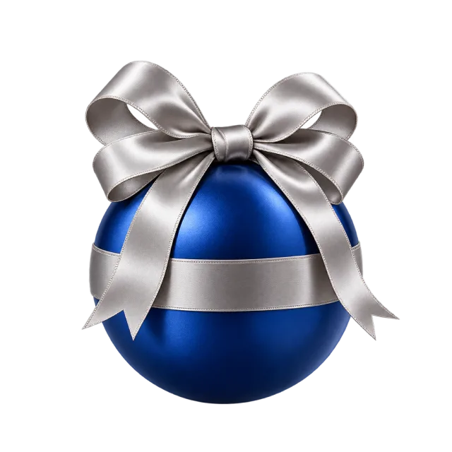 Cobalt blue spherical box wrapped with a silver-colored ribbon