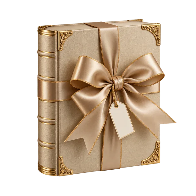 Champagne-colored book-shaped box with ornate corners and a bow