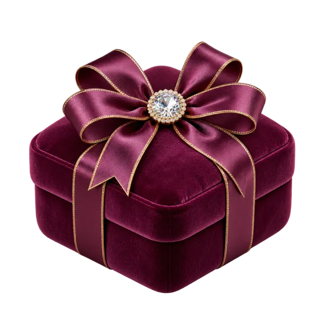 Plum cushion-shaped box with a jeweled bow clasp