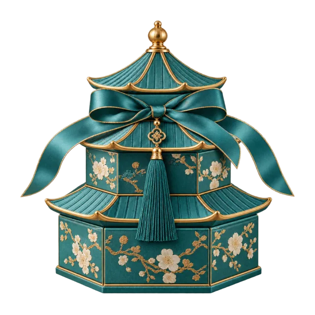 Teal pagoda-shaped box with floral patterns and hanging tassels