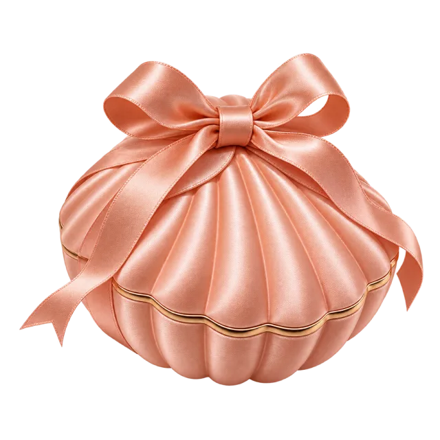 Peach shell-shaped box with pleated panels and a matching bow