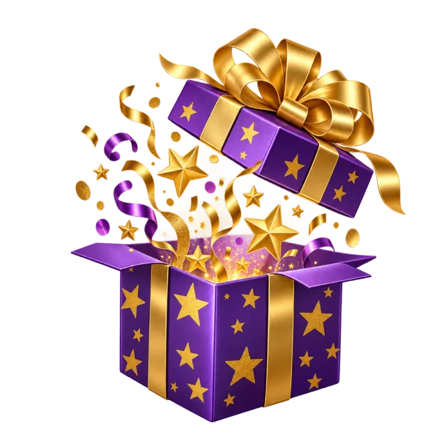 A purple star-patterned gift box opening beneath floating gold stars and ribbons