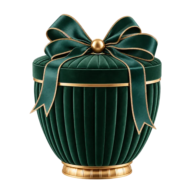 Dark green fluted urn-shaped box with golden trim and a bow