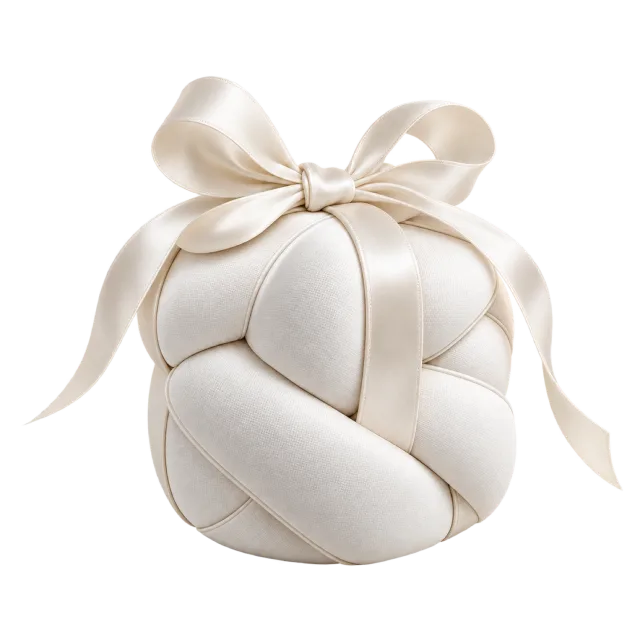 White knot-shaped gift box topped with a cream bow