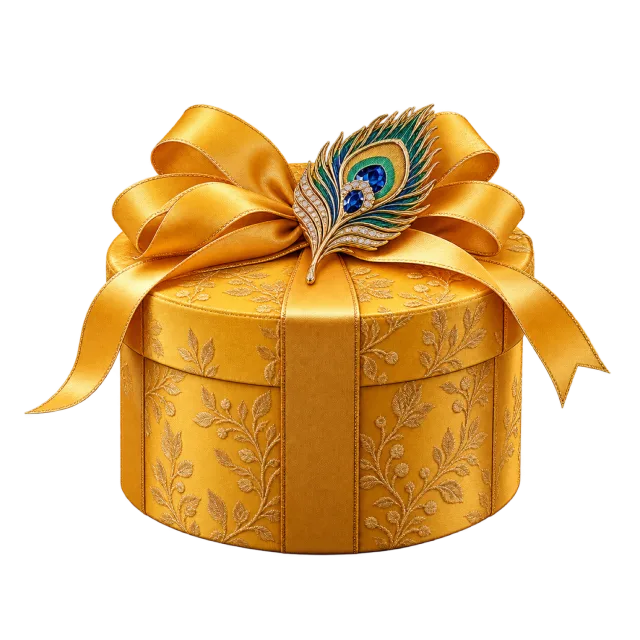 Golden yellow cylindrical box with a peacock feather decoration