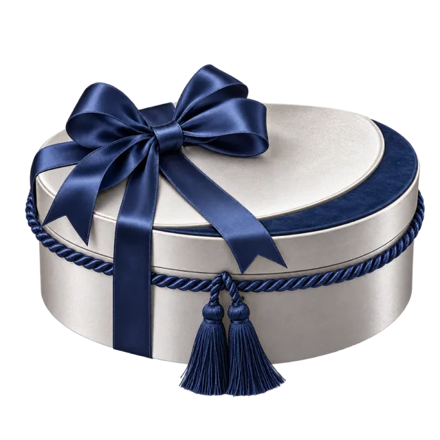 Silver-colored oval box with navy ribbon, braided cord and tassel