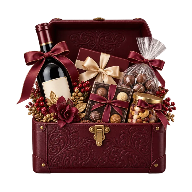 Open burgundy patterned chest filled with small wrapped gifts and treats
