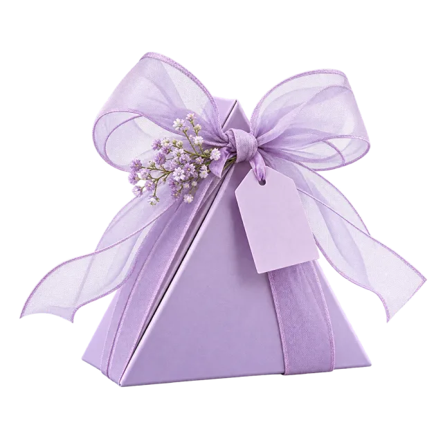 Lilac triangular gift box with a translucent bow and floral accent
