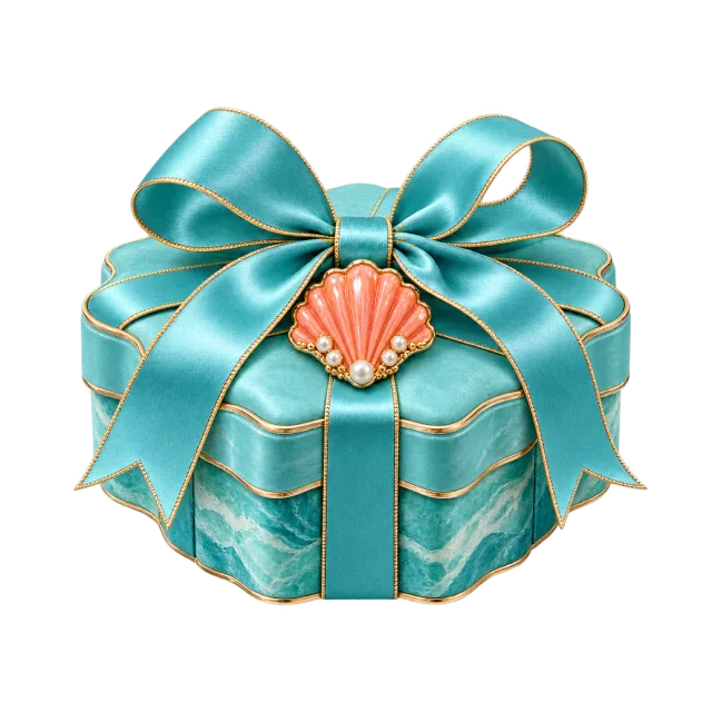 Turquoise scalloped box with a coral shell decoration and broad ribbon