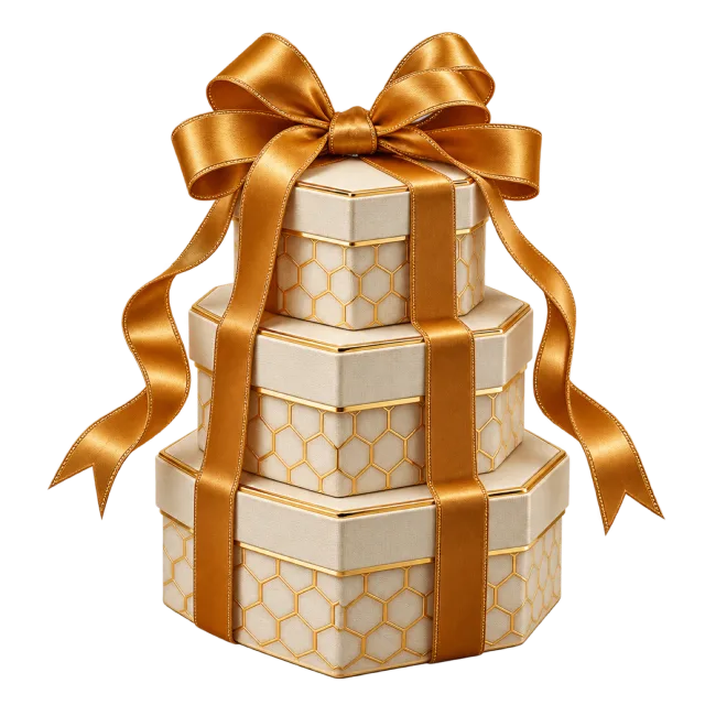 Three cream patterned gift boxes stacked with amber-colored ribbons