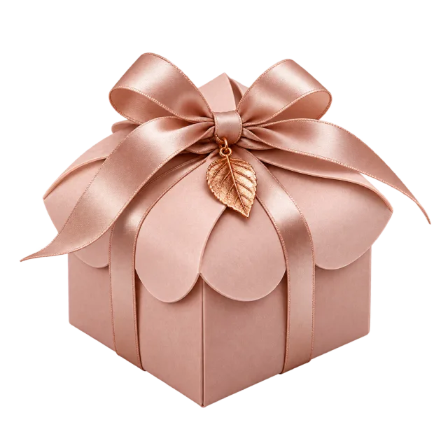 Blush pink petal-fold box with a bow and leaf-shaped charm