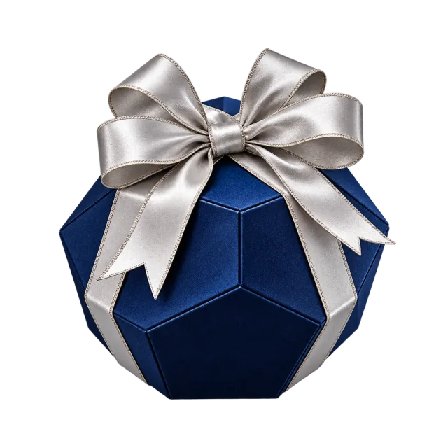 Faceted midnight blue box topped with a silver-colored bow