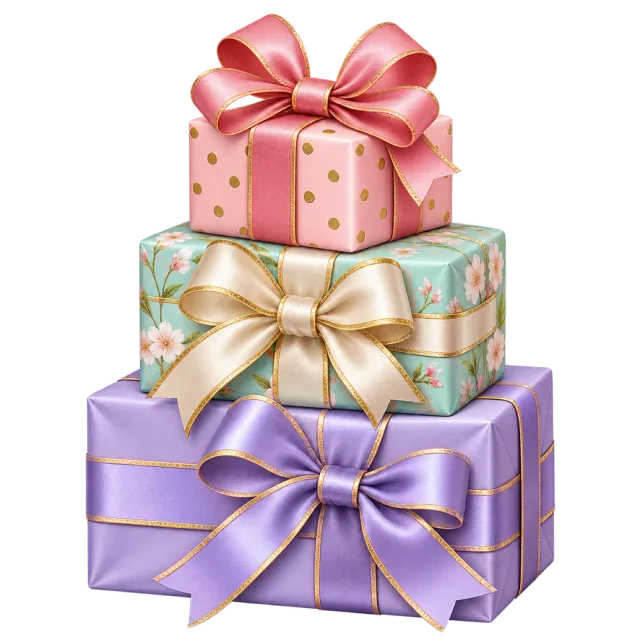 Three stacked pink, mint and lavender presents tied with satin ribbons