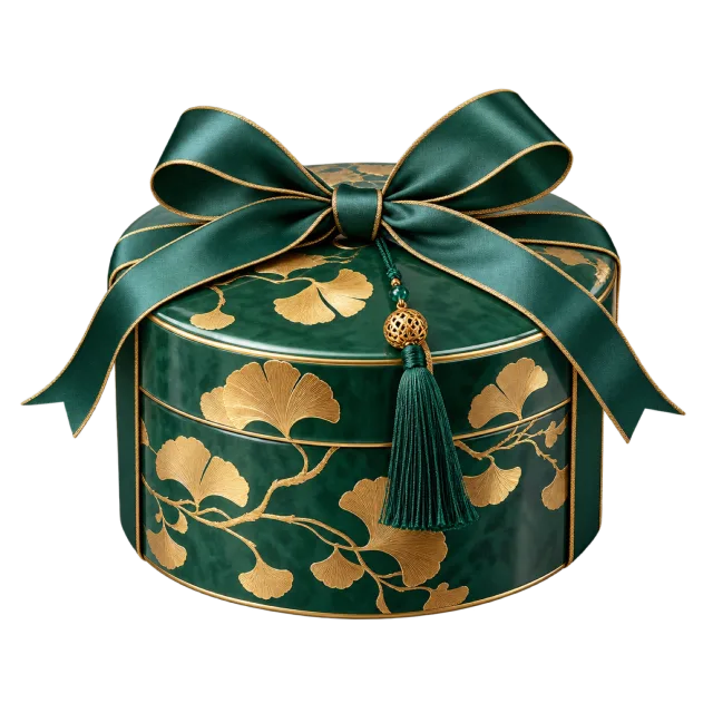 Dark green round box with golden ginkgo leaf patterns and a tassel
