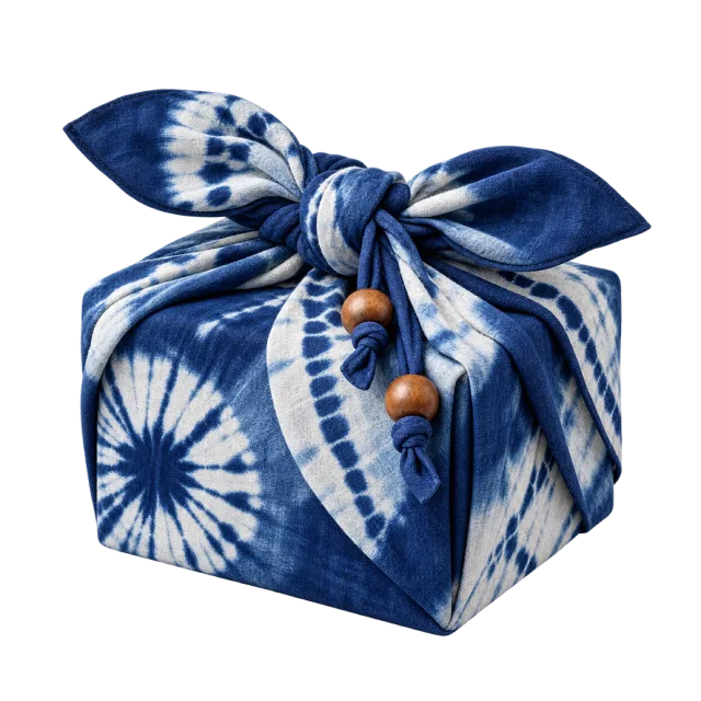 Indigo and white patterned cloth parcel tied with wooden beads