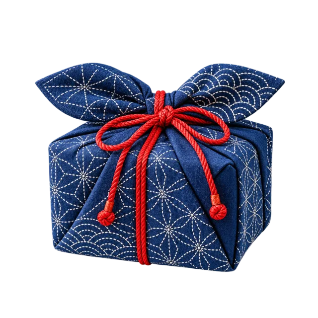 Blue stitched-pattern cloth parcel tied with red cord