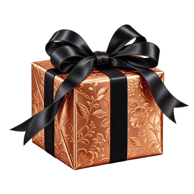 Copper-colored embossed gift box with a black bow