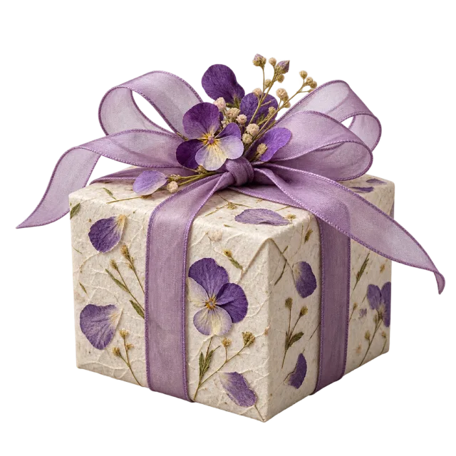 Cream gift wrap with violet flower patterns and a lilac bow