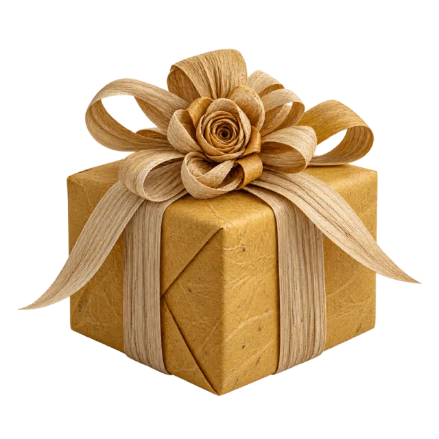 Ochre textured parcel with a natural-colored ribbon rosette