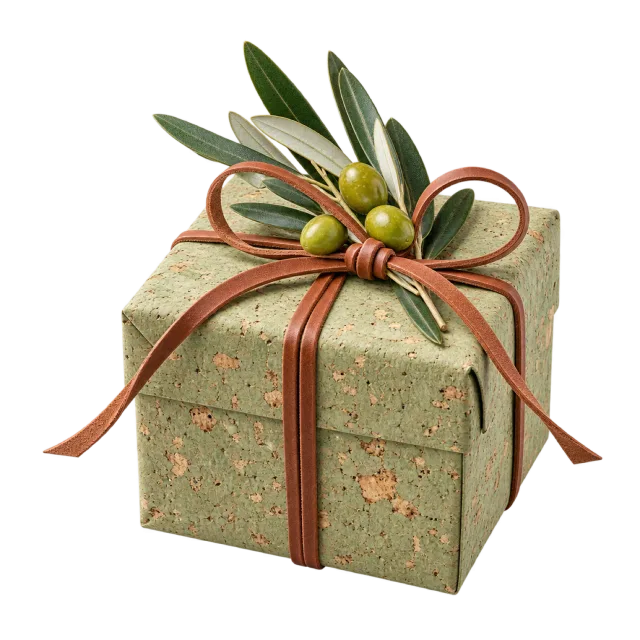 Sage textured box with an olive sprig and a brown cord tie