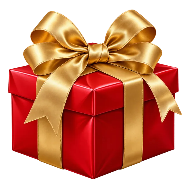 A plain red square present box wrapped with a wide gold ribbon and bow