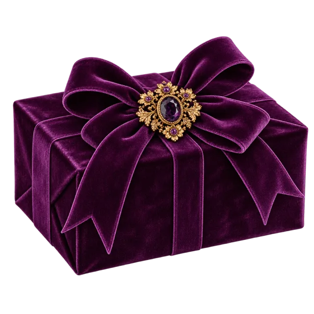 Deep plum parcel with a large bow and ornate oval brooch