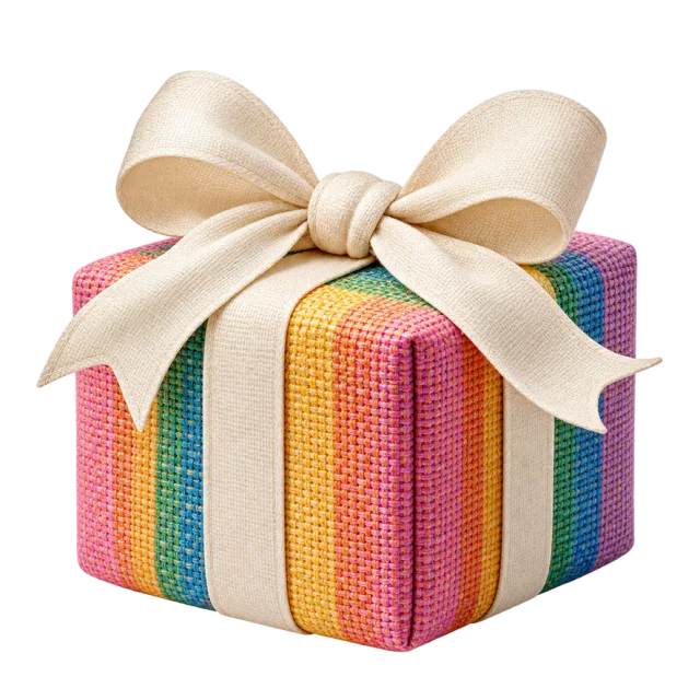 Rainbow striped parcel topped with an oversized cream knot