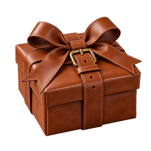 Brown gift box with a matching bow and buckle strap