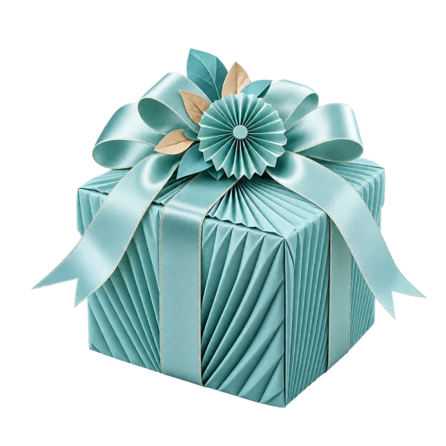 Aqua pleated box topped with a folded paper fan decoration