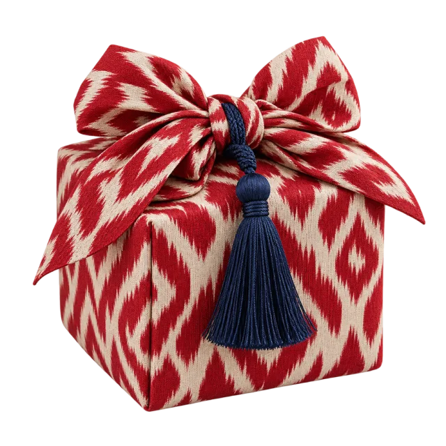 Red and cream patterned cloth parcel with a navy tassel