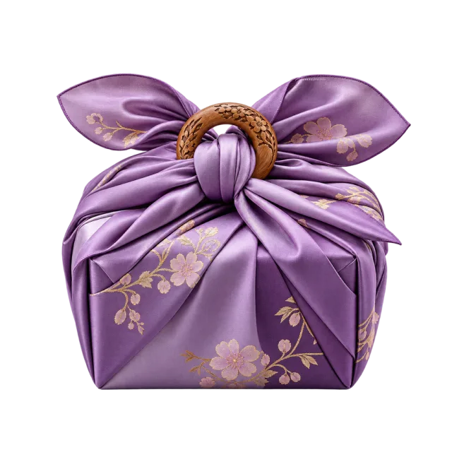 Violet floral cloth parcel fastened through a wooden ring