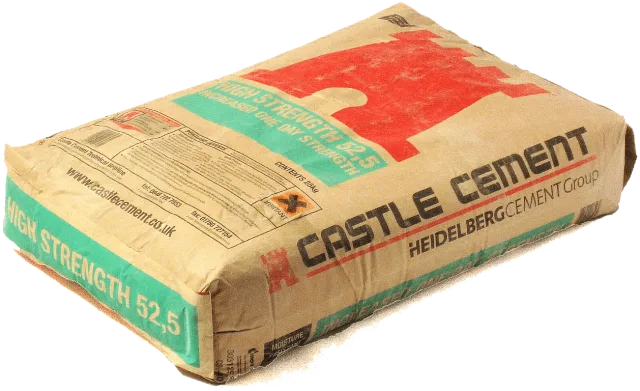 Beige cement sack with red and green printed packaging on a transparent background