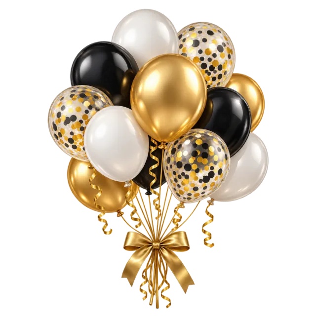 A cluster of gold, black, white and confetti-filled balloons tied with a gold bow