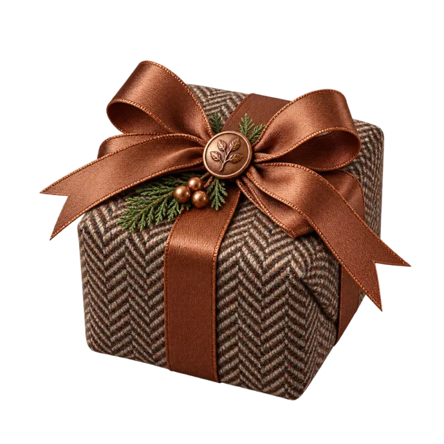 Brown herringbone-patterned parcel with a ribbon and copper-colored button