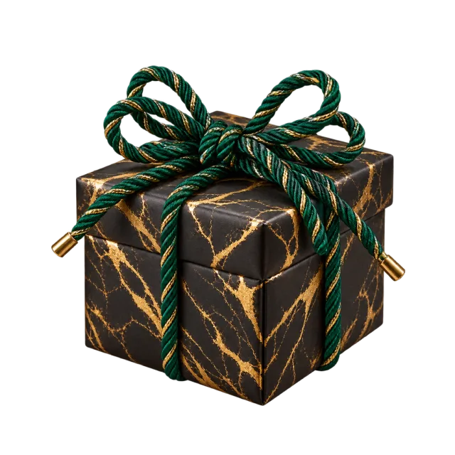 Black and gold-colored marbled parcel tied with green rope