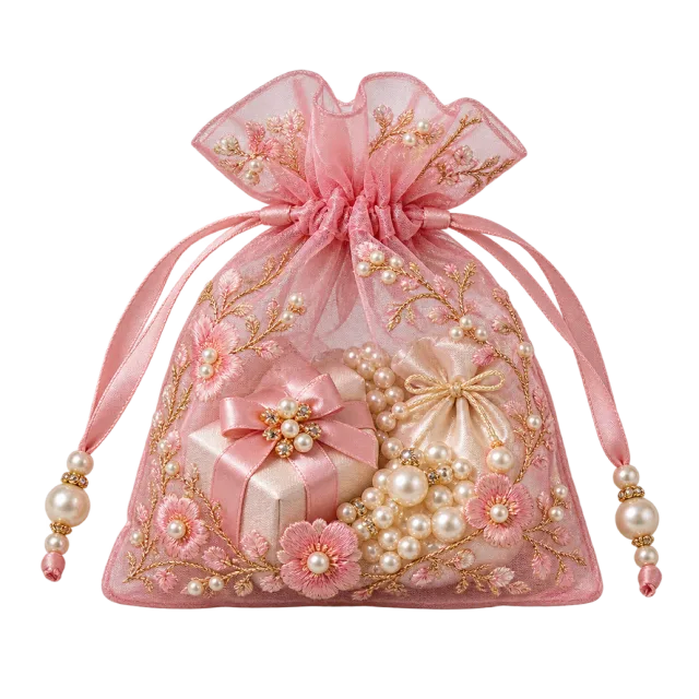 Pink translucent embroidered pouch containing tiny gifts and pearl-like beads