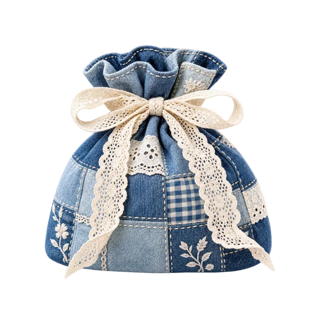 Blue patchwork pouch with a cream lace tie