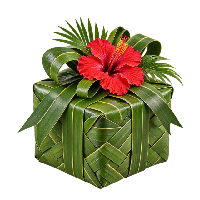 Woven green leaf parcel topped with a red hibiscus