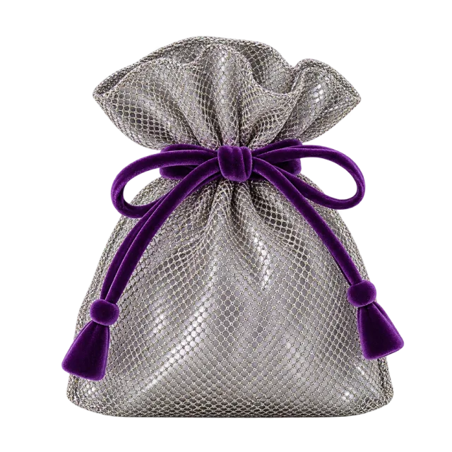 Silver-colored mesh pouch with a purple drawstring