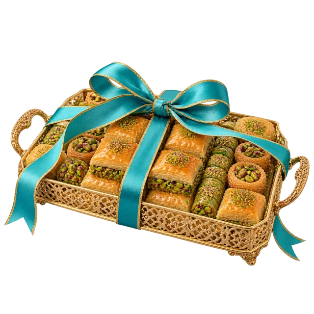 Golden tray of pistachio-topped pastries tied with a turquoise ribbon