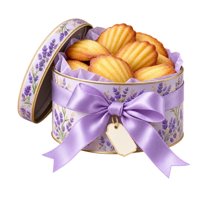 Lavender floral tin of shell-shaped madeleines with a satin-style bow