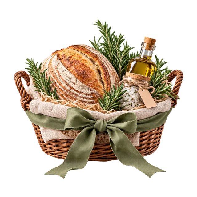Wicker basket with sourdough bread, rosemary and a small bottle