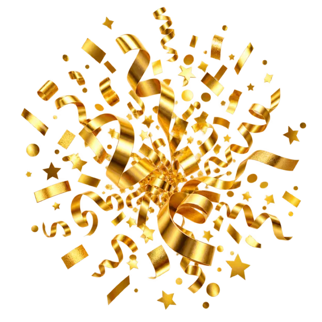 A spray of metallic gold confetti squares, stars and curling ribbons
