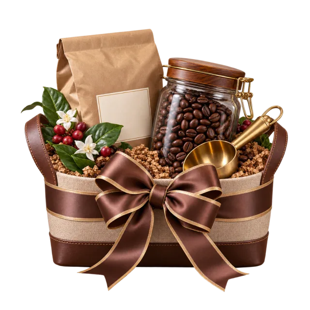 Brown gift caddy with coffee beans, a scoop and a paper pouch