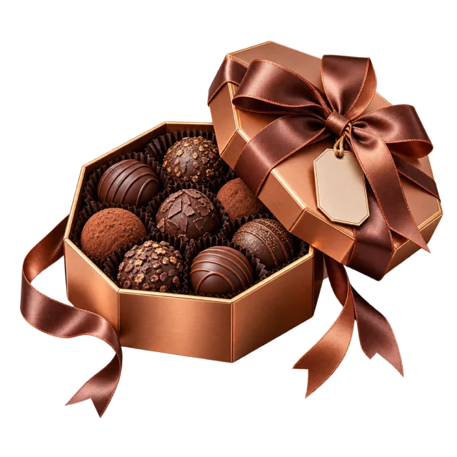 Open copper-colored octagonal box filled with chocolate truffles