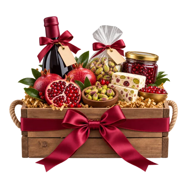 Wooden gourmet crate with pomegranate, nuts, jars and a dark bottle