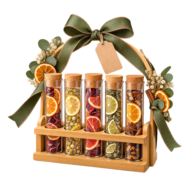 Glass tubes of dried citrus and tea ingredients in a wooden stand