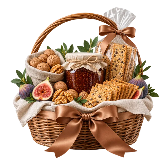 Wicker hamper with fig preserves, crackers and walnuts